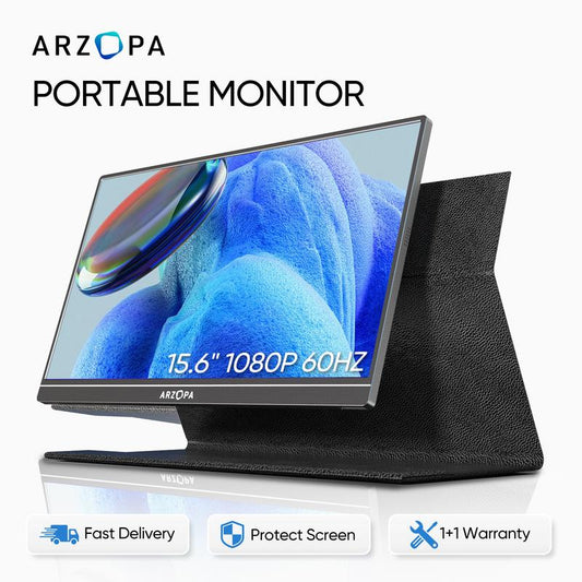 ARZOPA Portable Monitor 15.6'' FHD IPS Display Laptop Monitor 1080P USB C HDMI Computer Display HDR Eye Care External Screen for PC Mac Xbox Switch PS5 Iphone15 Suitable for Study, Work, Travel, Gaming