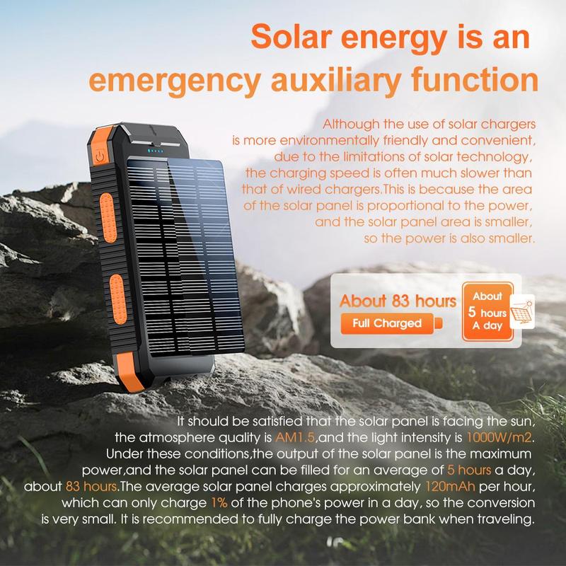 10000Mah Solar Power Bank for Summer Fall Gift, Dual USB Output Port Power Bank with Flashlight, Portable Wireless Car Charger, Solar Power Bank Charger for Iphone, Smartphone Charging Accessories