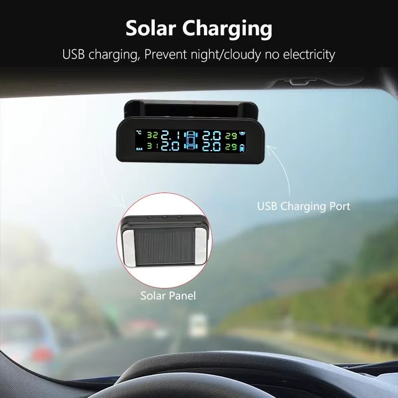 2023 Solar-Powered Wireless Tire Pressure Monitoring System with LCD Display and Auto Brightness Adjustment